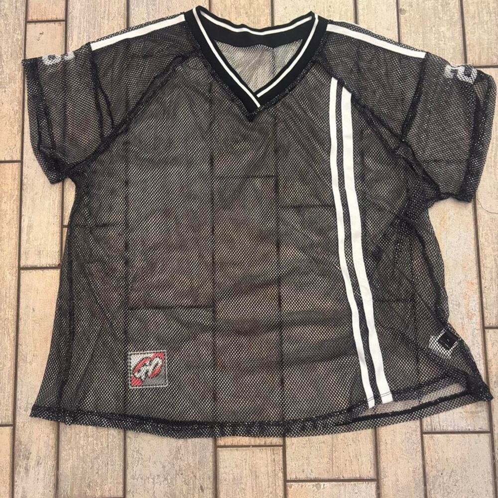 Black mesh jersey with white stripes on shoulders and sides